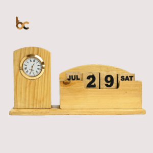 Wooden Desk Organizer with Clock, Perpetual Calendar, Pen Holder & Mobile Stand – Home & Office Decor